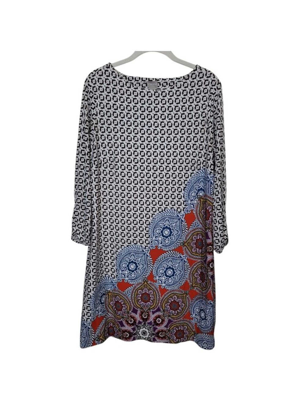 Chico's Knee Length Shift Dress Boho Paisley Medallion Print 3/4 Sleeves Sz 1 M